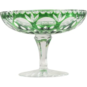 Bohemian Green Cut to Clear Crystal Glass Stemmed Compote / Candy Dish 6 in. height x 8 in. wide