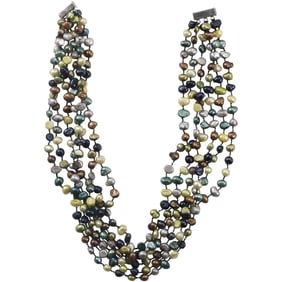 .925 Sterling Silver 6-Strand Pearl Necklace 18 in. x 2 in.