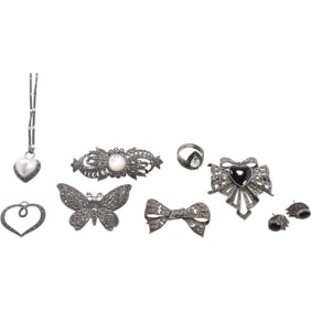 Sterling Silver and Marcasite Assorted Jewelry: Black Onyx Heart Pin / Pendant 2 in. x 1 3/4 in. ;