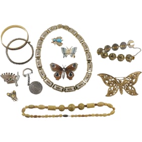 Group Lot of 12 Assorted Costume Fashion Jewelry: 3 Butterfly Pins; Bonnet; 2 Bugs; Enameled