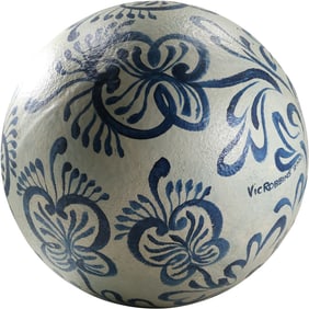 Signed VIC ROBBINS 2004 Blue and White Hand Painted Ceramic Ball Sphere 16 in. diameter