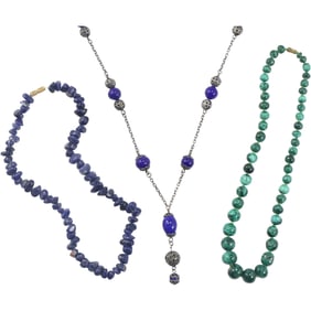 [3] Silver and Blue Beads Necklace  26 in. x 2 in. x 1/2 in.; Lapis Beads Necklace 15 in. x 1/2 in.;