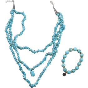 Native American Indian Sterling with 4 Sunrise Symbols 3-Strand Turquoise Chip Beads Necklace