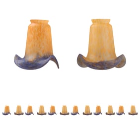 Set of 12 signed VIANNE French Art Glass Lamp Shades Orange to Blue Ruffled Rim 2.25 in. fitter.