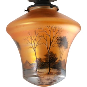 Antique Hall Fixture Obverse Painted Glass Marigold Lusterware Pendant Shade Winter Landscape 8.5 in