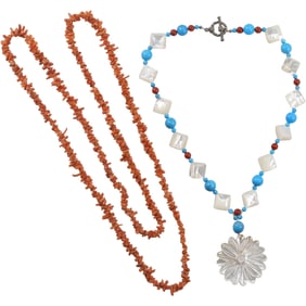 [2] Coral Chip Beads Necklace 38 in. x 1/4 in.; Mother of Pearl, Turquoise and Coral Beads Necklace