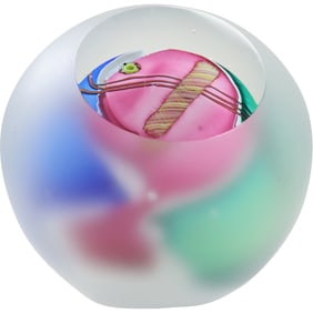 James R Wilbat Signed Art Glass Satin Glass Paperweight with Faceted Internal Decoration