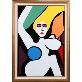Thomas Pulgini, Listed American Pop-Artist, Oil on Canvas Painting Woman in Multi Colors