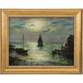 Frank Schneider (1881 - 1935 American) Nautical Oil on Board Painting Ships at Evening Seascape
