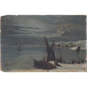 after Stanhope Forbes, 1800s Oil Painting on Academy Board Winter Port Scene at Dawn, Boats, Figures
