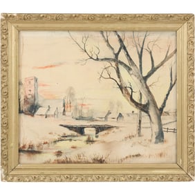 Vintage Oil on Board Painting Winter Landscape with Farm, Artist Signature Faint