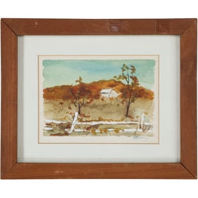 Signed L King, Vintage Watercolor Painting Country Landscape with White Split Rail Fence