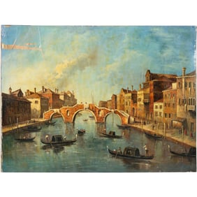 after Giuseppe Ponga(1856-1925); View of the Rialto Bridge , Venice Oil on Canvas Painting