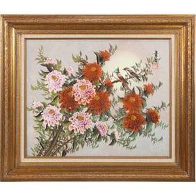 Signed Asian Oil on Canvas Painting – Birds on Flowering Branches (Framed)