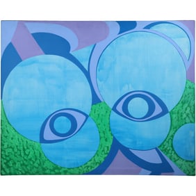 Large 20th C. Oil on Canvas Painting Pop-Art Abstract Spheres Blue and Purple, Unsigned