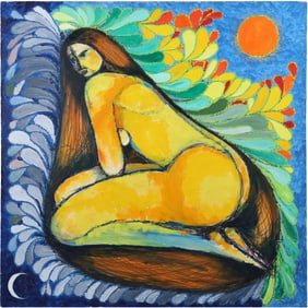 Laszlo Ispanky (1920 - 2010 American] Abstract Oil on Canvas Painting "NUDE Day & Night" with Book