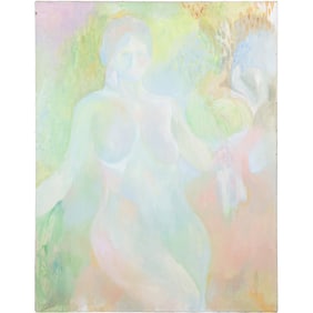 Large Vintage Oil on Canvas Painting in Pastel Colors, Nude Female Figure 31 in. x 40.5 in.