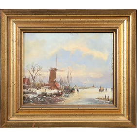 Signed Hendrik, Fine 20th C. Oil on Wood Panel Dutch Scene Coastal Cove with Boat, Windmill, Figures