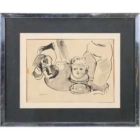 Signed di Ehowitz, Ink Wash Still Life with Doll's Head, Original Framing, Vintage