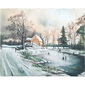 K Polizzi, 20th C. Oil on Canvas Painting Winter Scene with Skaters on Pond