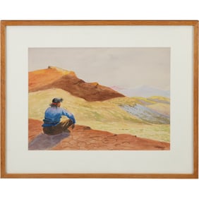 Artist Signed 1948 Watercolor Gouache Painting Native American Indian Overlooking The Valley