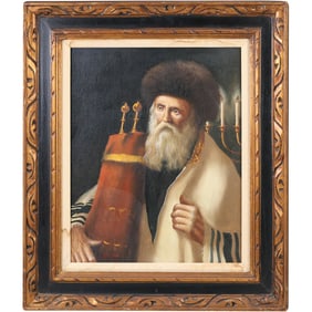 Signed F Moody, Fine Oil on Canvas Painting Rabbi Holding a Torah, Framed