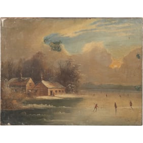 19th C. Oil on Canvas Painting of Lake Side Homestead with Ice Skaters on Lake, Relined