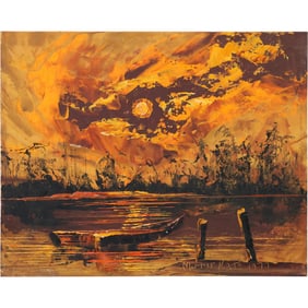 Morris Katz 1977, Jewish American, Acrylic Painting on Board, Fiery Sunset Over Lake Landscape