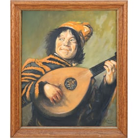 Signed A Rixen, Oil on Board Painting Man Playing a Lute Instrument, Framed