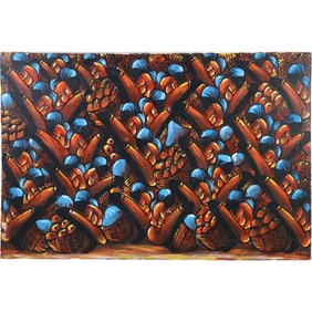 Signed Haitian Oil on Canvas Painting Dense Baskets of Fruit 24 in. x 36 in.