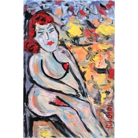 Thomas Pulgini, Listed American Pop-Artist, Oil on Canvas Painting Voluptuous Woman