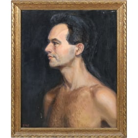 Signed initials "BJM" Oil on Canvas Portrait Painting "Shirtless Man", Framed