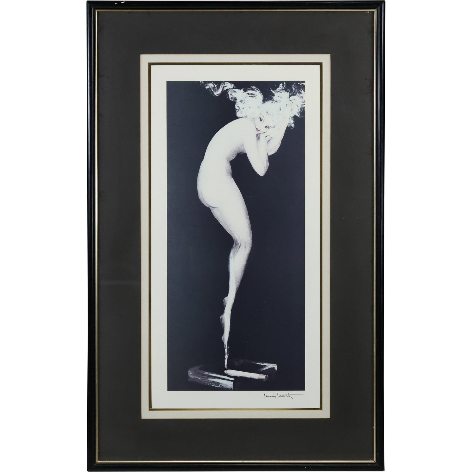 Louis Icart, " Nude Female With Cigarette" Framed Print, Signed in Plate: Louis Icart, " Nude Female With Cigarette" Framed Print, Signed in Plate. size: 22 x 9.5 , outside of frame: 33 x 21