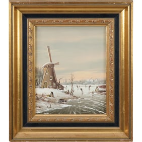 Signed Kaiser, Fine 20th C. Oil Painting on Wood Panel, Winter Dutch Scene with Ice Skaters on Lake