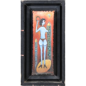 Mod-Pop Oil Painting of Woman Holding Tambourine with Skyscrapers, Artist Signed, Framed