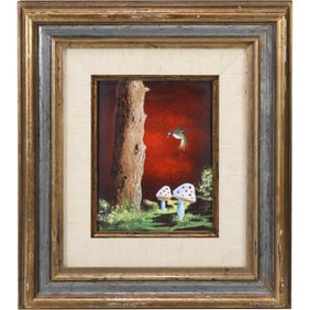 Signed Grendly, Fabulous Enamel Art on Copper Plaque, Mushrooms, Tree Trunk, Bird
