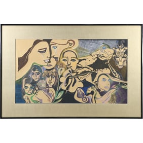 Vintage Lithograph Many Faces of Time, Mixed Media with Gold Accents, Framed