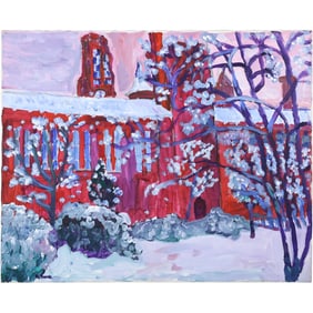 Herman Zuker (1959-) Polish American, "Church in Winter" Acrylic on Canvas Painting