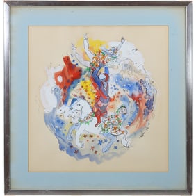 Signed G Newman 1977, Acrobats in Circular Motion Watercolor Painting, Framed