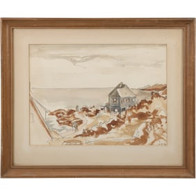 Signed DH 1959, Watercolor Painting Seascape with Coastal House, Framed