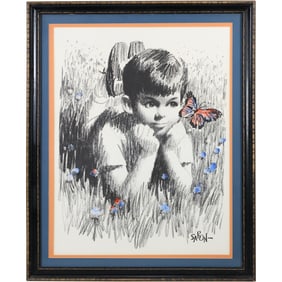 Saron Charcoal Framed Print Boy watching Butterfly, Vintage, Framed