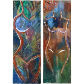 2 Mid-Century Modern Oil on Canvas Paintings Woman's Torso 36 in. x 12 in.