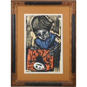 Irving Amen (1918 - 2011) Colored Woodblock "Young Artist at Work" #102/200, Signed, Framed