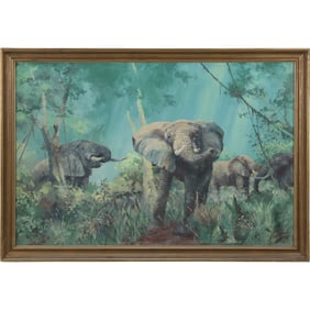 Signed Rankin 1963; Wild Elephants in Natural Setting, Oil on Canvas Painting, Framed