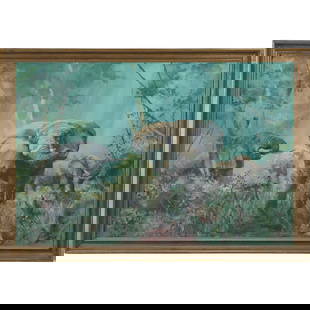 Signed Rankin 1963; Wild Elephants in Natural Setting, Oil on Canvas Painting, Framed: Signed Rankin 1963; Wild Elephants in Natural Setting, Oil on Canvas Painting, Framed. size: 22 x 33 , outside of frame: 25 x 36