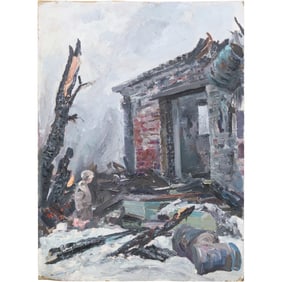 Russian Oil on Board Painting, Figure at Burnt Out Home, Information on Verso