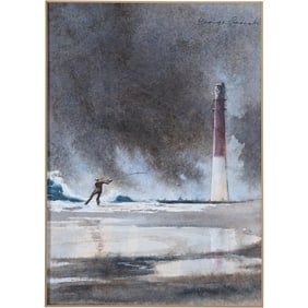 George Procah, Watercolor Painting, Fly Fisherman and Lighthouse