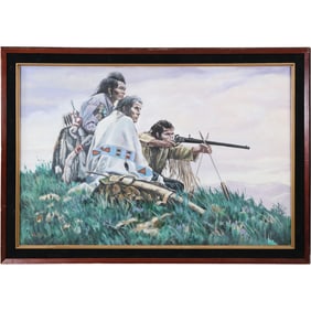 Signed CHO, Oil on Canvas Painting, Native American Indians Shooting a Rifle, Framed