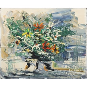 Morris Katz 1983, Jewish American, Acrylic Painting on Board, Still Life "Daisies"