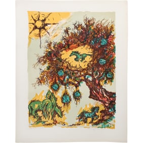 Surrealist Lithograph with Tree, Horse, Pencil Signed Illegible